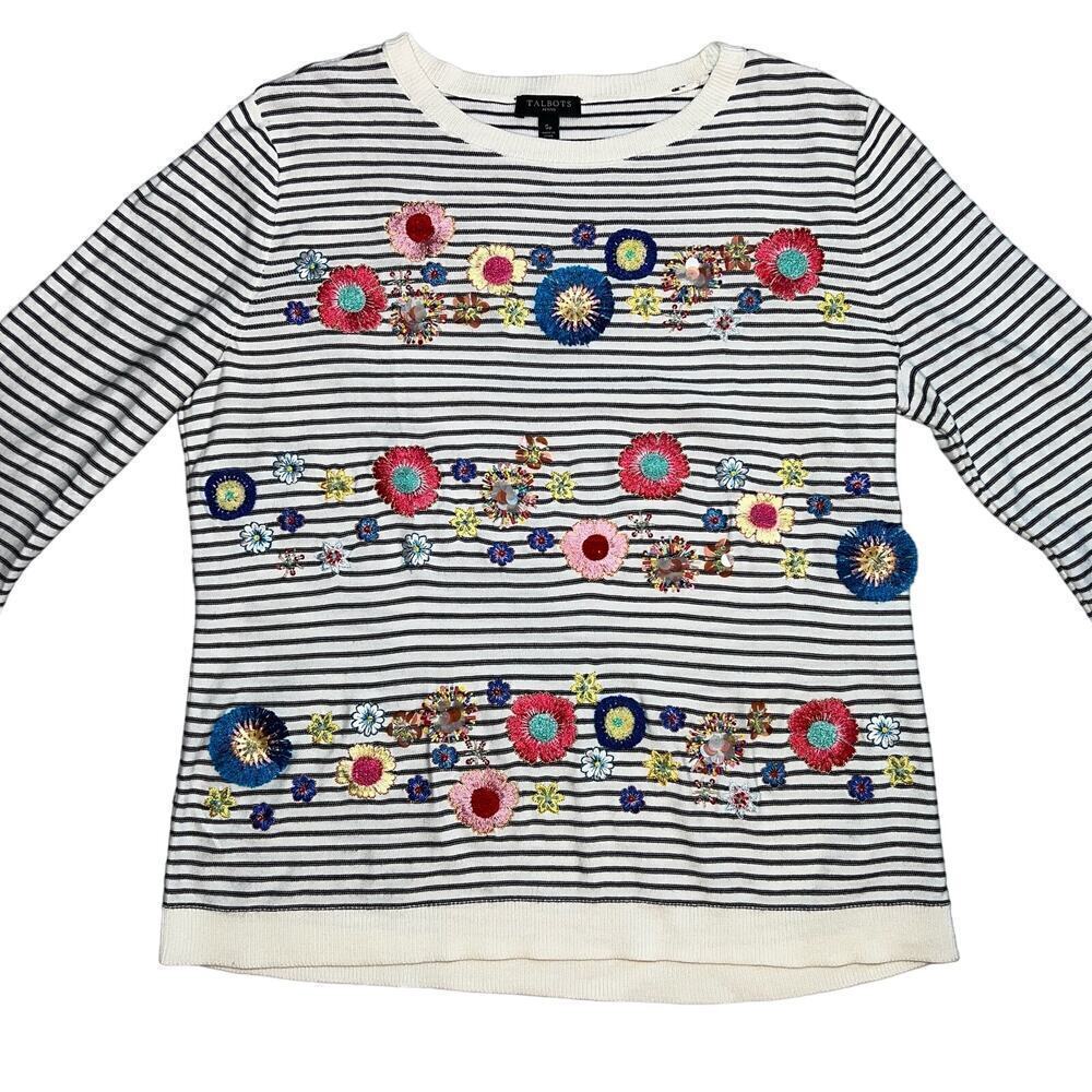 Talbots Petites Striped Embroidered Beaded Sweater 3D Flowers Size S Petite